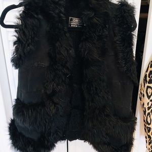 Black suede and fur vest with black horn buttons